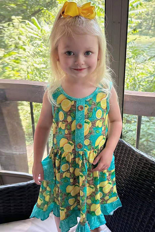 Turquoise yellow lemons printed girl dress w/pockets XCH0888-8H