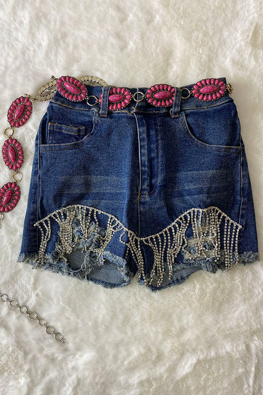 Blue denim girl distressed shorts w/shiny fringe tassels DLH2393