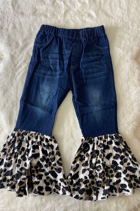 Dark blue denim w/leopard flare bell bottoms 206037M