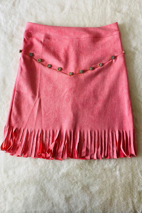 Trendy pink faux suede rhinestone fringe girls boutique skirt DLH2734