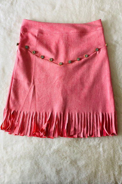 Trendy pink faux suede rhinestone fringe girls boutique skirt DLH2734