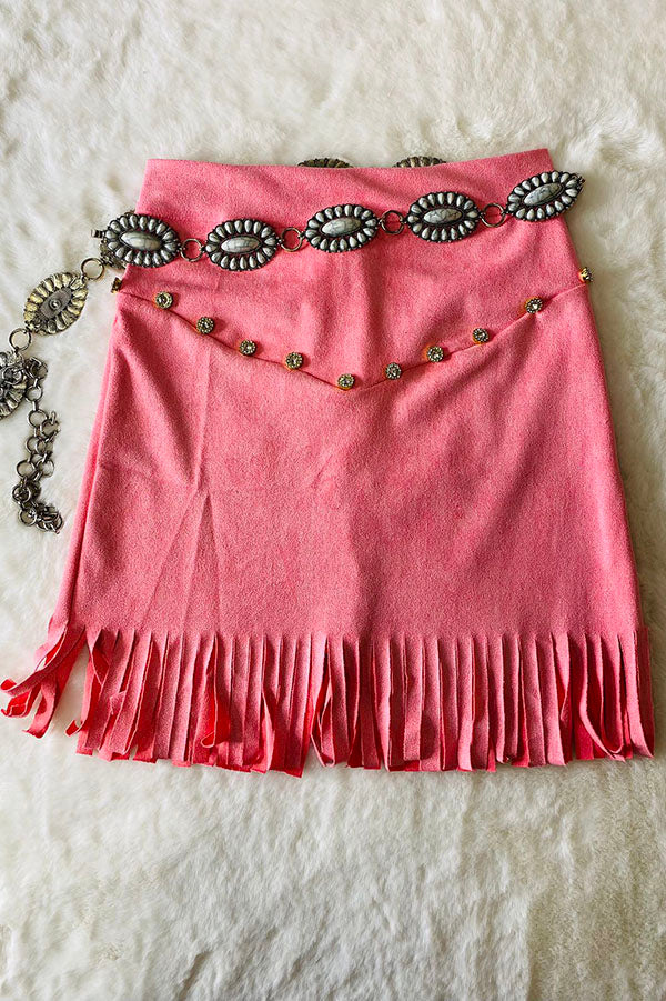 Trendy pink faux suede rhinestone fringe girls boutique skirt DLH2734
