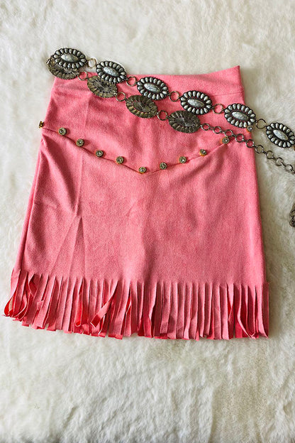 Trendy pink faux suede rhinestone fringe girls boutique skirt DLH2734