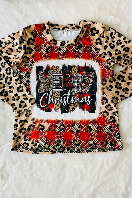 Kids "Merry Christmas‘’ Plaid & Leopard Print Top DLH2637