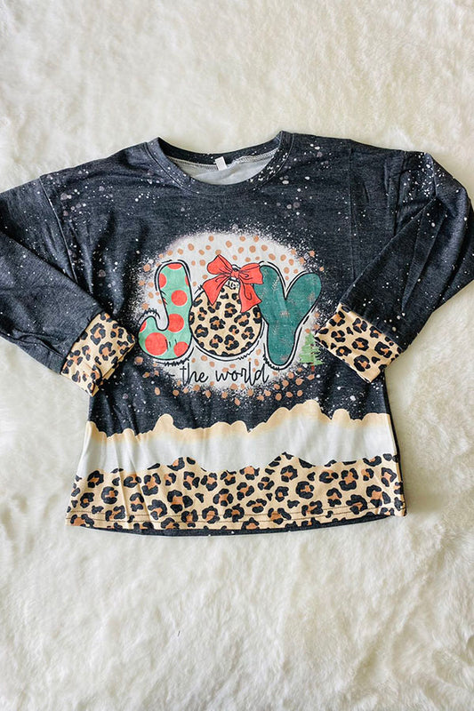 DLH2602 "JOY the world" leopard print grey long sleeve top