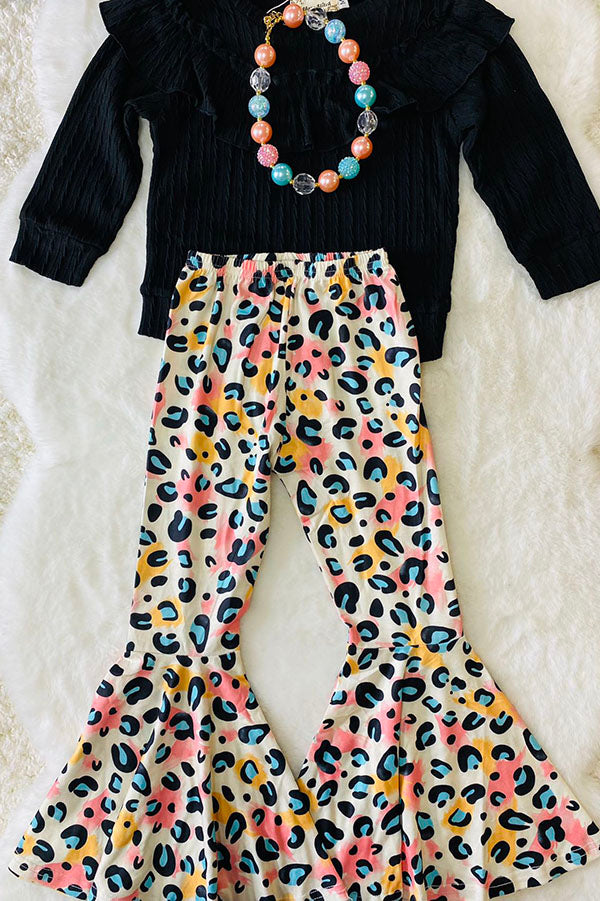 XCH0024-1H Wholesale black ruffle top colorful leopard pant girls clothing sets
