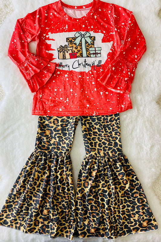 Merry Christmas y'all coral leopard printed girl set DLH0923-18