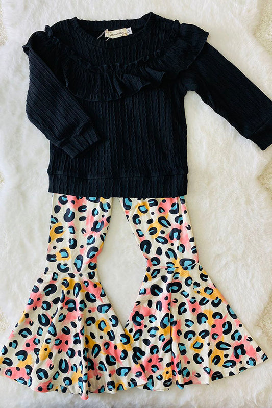 XCH0024-1H Wholesale black ruffle top colorful leopard pant girls clothing sets