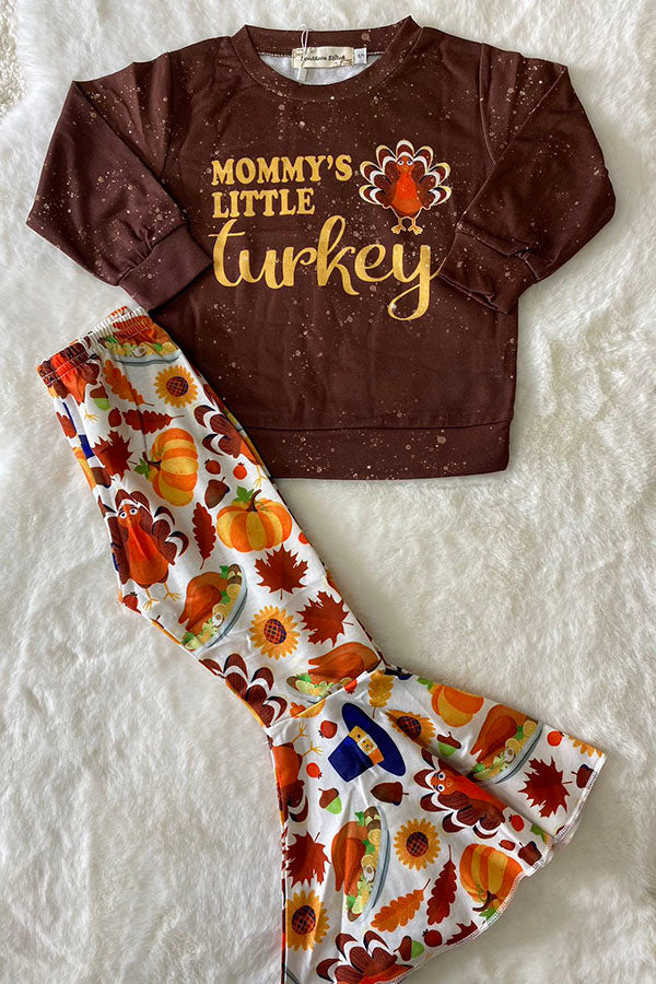 "MOMMY'S LITTLE TURKEY" brown 2pc sweatshirt set XCH0015-2H