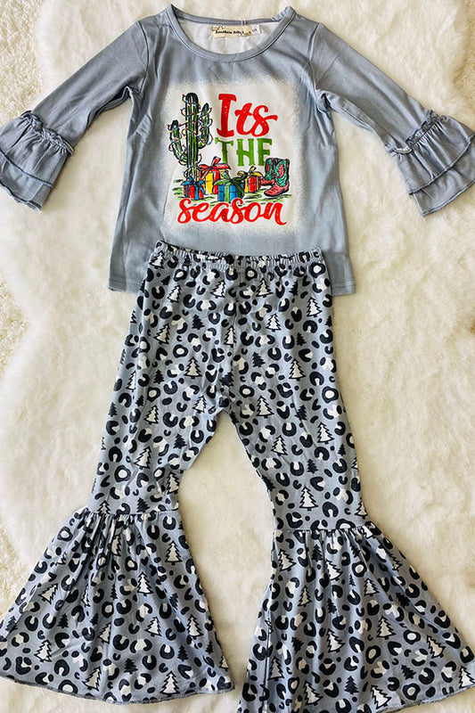 Kids "It is the season" gift & cactus print top bell bottom 2pcs sets XCH0010-20H