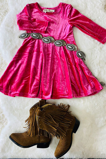 Solid long sleeve pink fleece swirl girls dress XCH0017-4H