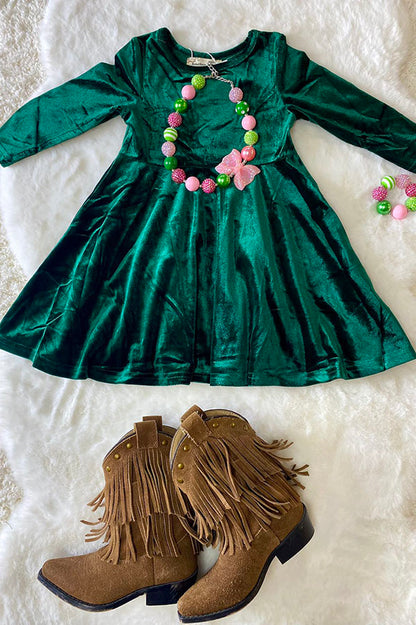 XCH0017-5H Kids Solid long sleeve green velvet swirl girls dress