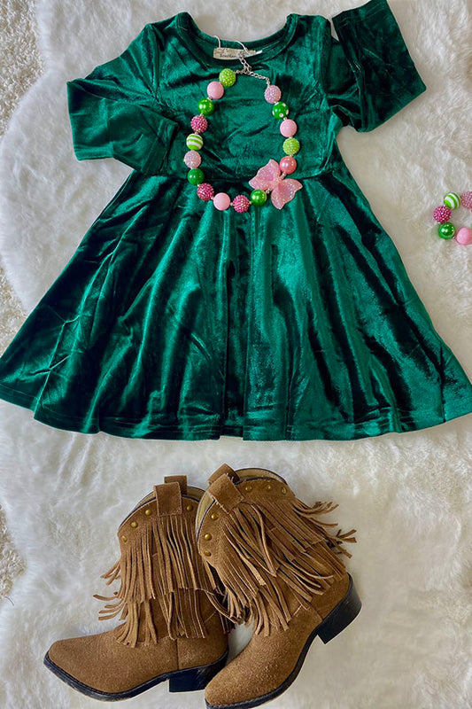 XCH0017-5H Kids Solid long sleeve green velvet swirl girls dress