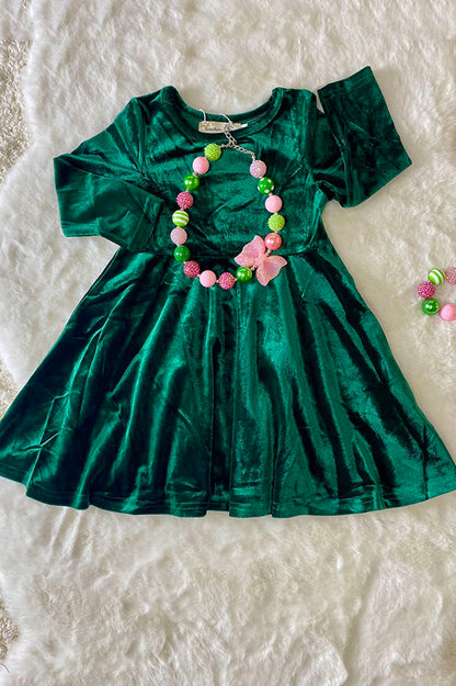 XCH0017-5H Kids Solid long sleeve green velvet swirl girls dress