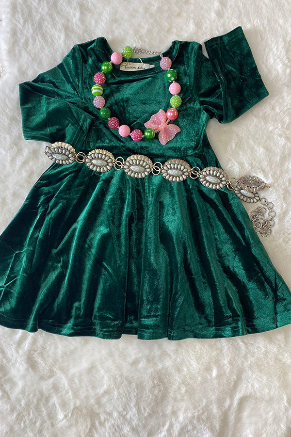 XCH0017-5H Kids Solid long sleeve green velvet swirl girls dress