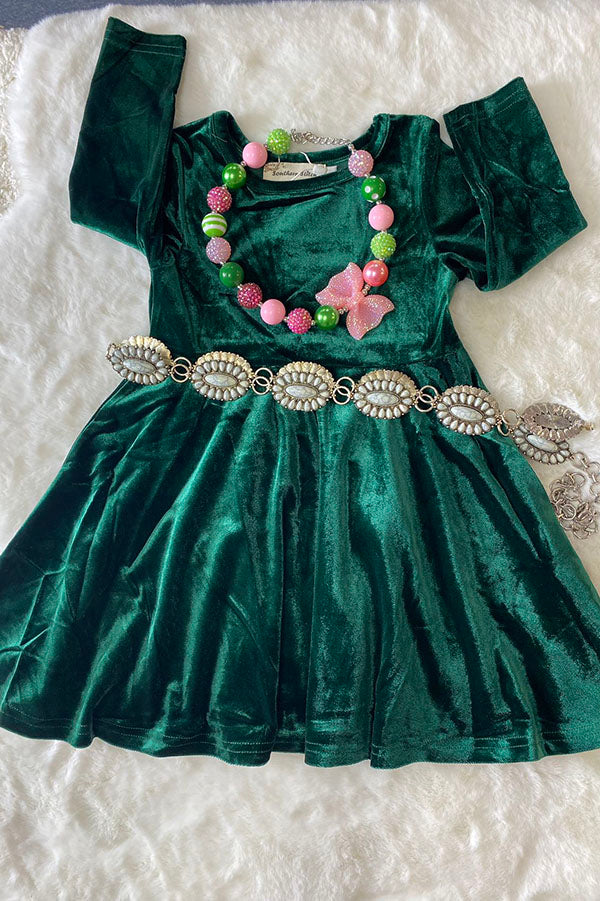 XCH0017-5H Kids Solid long sleeve green velvet swirl girls dress