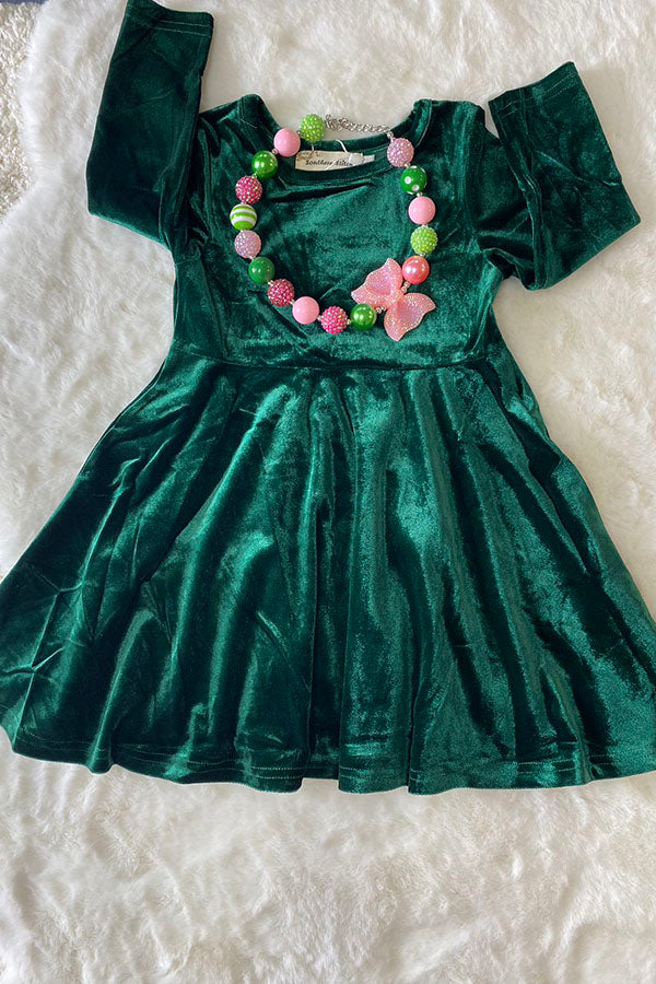 XCH0017-5H Kids Solid long sleeve green velvet swirl girls dress