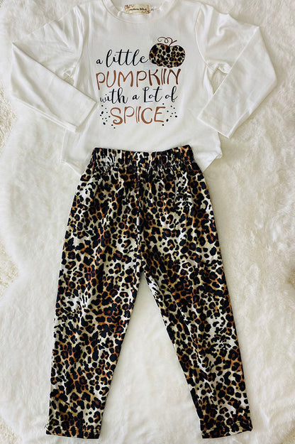 BQ2403 Mom and Me Halloween pumpkin print top leopard pant girls pajamas sets