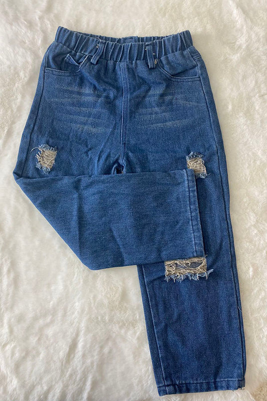 DLH2663 Denim blue elastic wasit girls jeans with holes