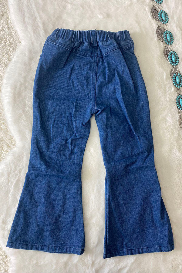 DLH2688 Kids Blue denim bell bottom pant girls jeans w/hole