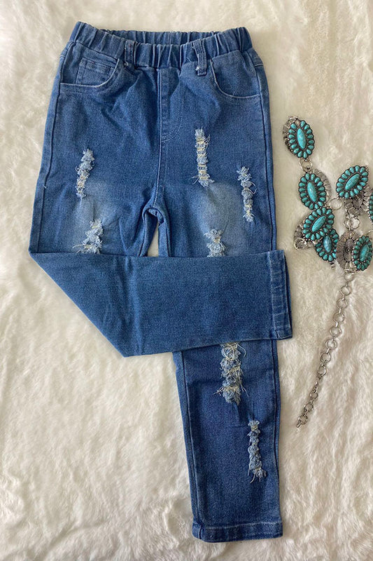 Solid denim blue girls pant with holes DLH2468