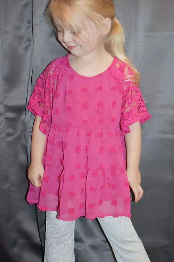 BQ2402 Mom and Me polka dot fuchsia baby doll girls top w/lace raglan sleeve