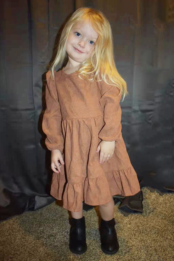 Long sleeve brown color girls swirl dress DLH2640