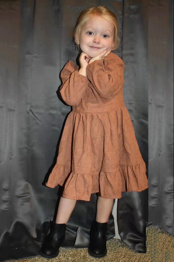 Long sleeve brown color girls swirl dress DLH2640