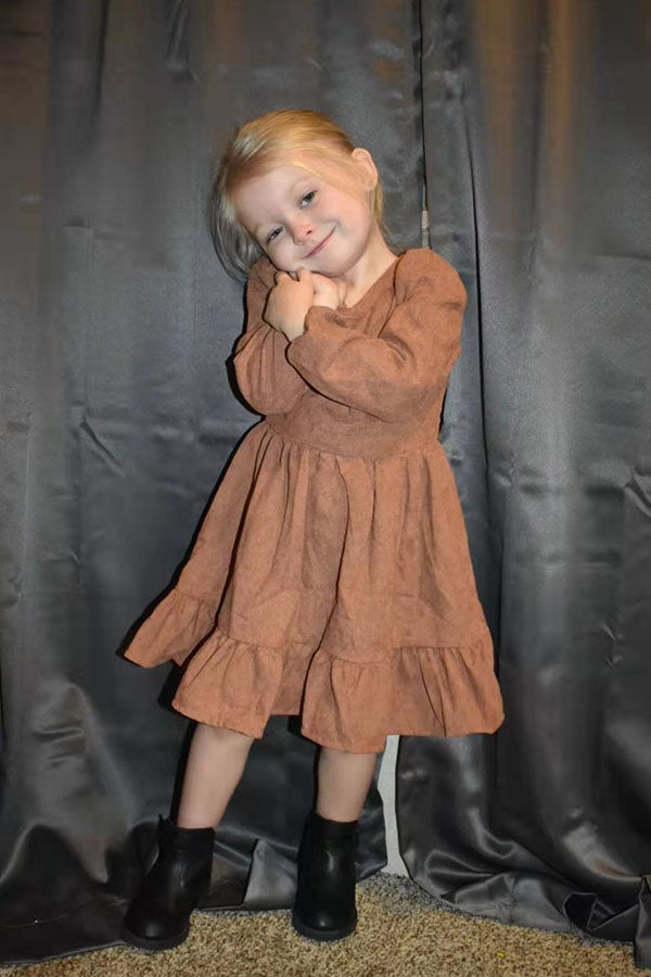 Long sleeve brown color girls swirl dress DLH2640