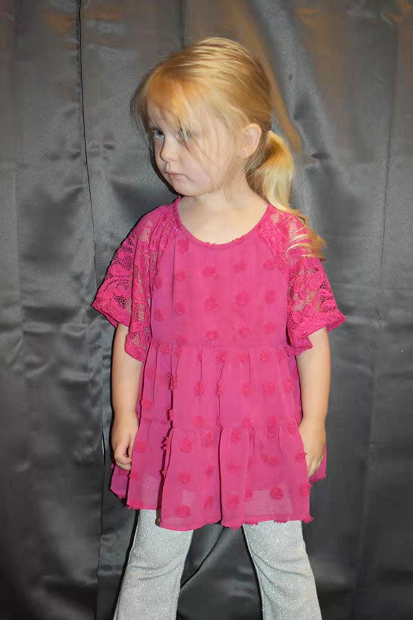 BQ2402 Mom and Me polka dot fuchsia baby doll girls top w/lace raglan sleeve