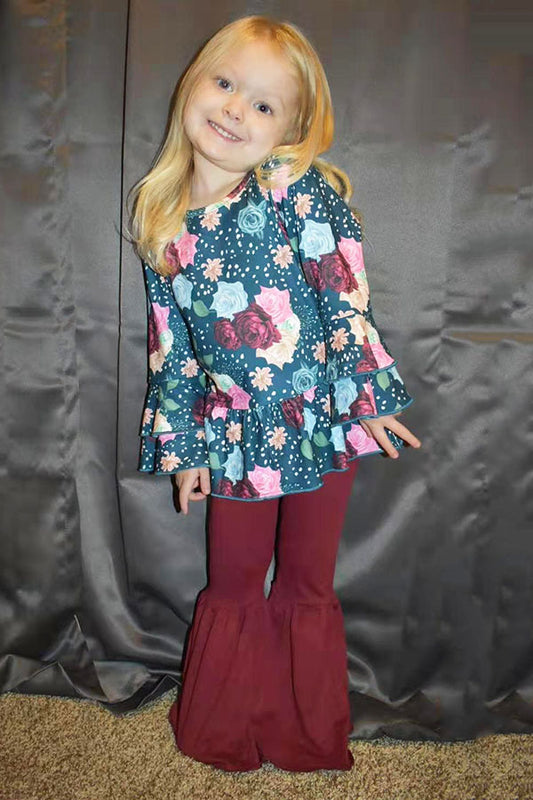 XCH0013-14H Floral long sleeve top burgundy bell bottom girls sets