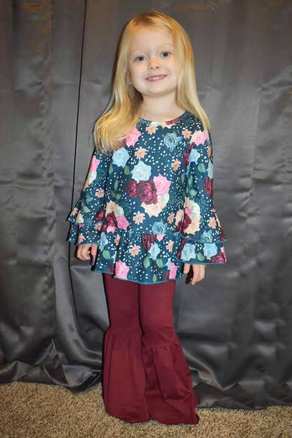 XCH0013-14H Floral long sleeve top burgundy bell bottom girls sets