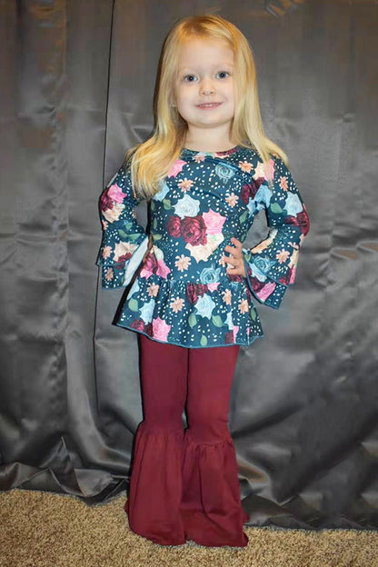 XCH0013-14H Floral long sleeve top burgundy bell bottom girls sets