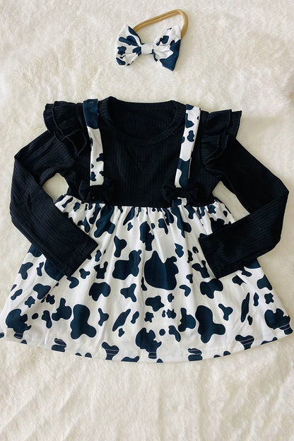 One Piece Ribbed knitted fabric black & cow print long sleeve girls dress with headband DLH2812