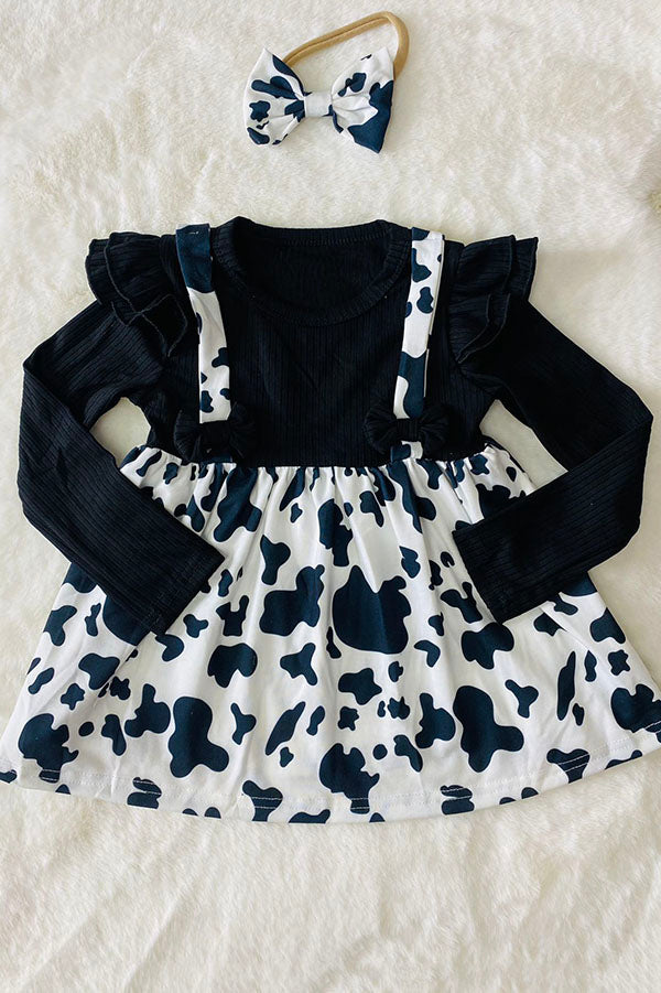 One Piece Ribbed knitted fabric black & cow print long sleeve girls dress with headband DLH2812