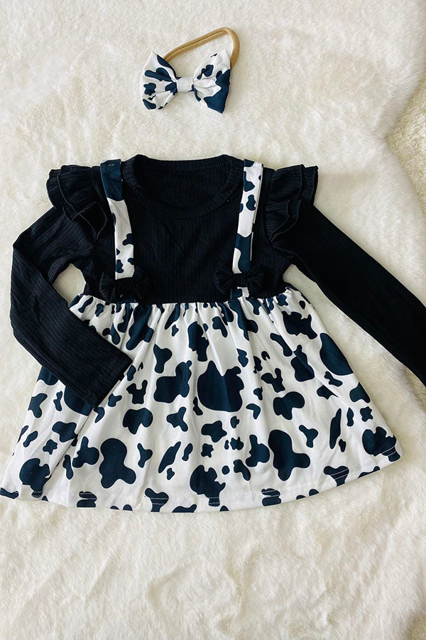 One Piece Ribbed knitted fabric black & cow print long sleeve girls dress with headband DLH2812