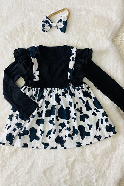 One Piece Ribbed knitted fabric black & cow print long sleeve girls dress with headband DLH2812
