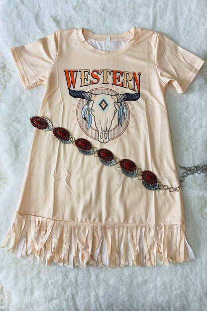 DLH2710 Fall clothing WESTERN bull skull prints beige girls dress w/fringe