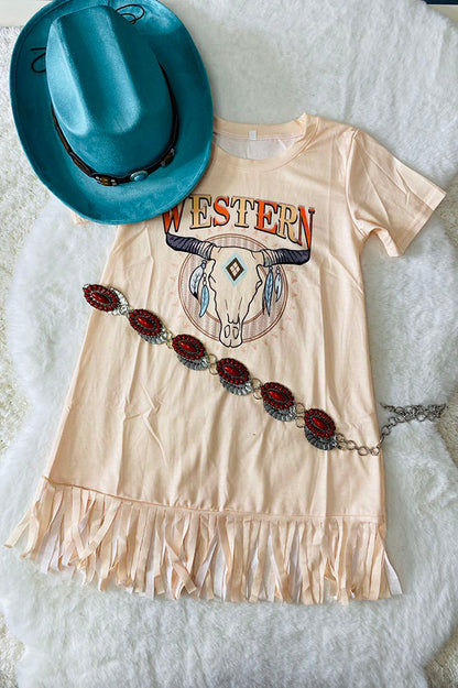 DLH2710 Fall clothing WESTERN bull skull prints beige girls dress w/fringe