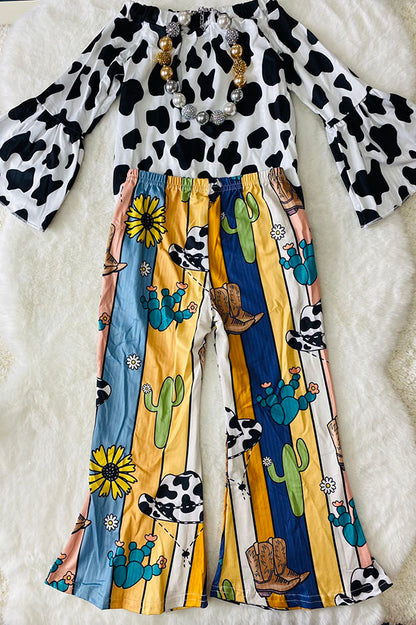 Western cow top w/stripped sunflowers, boots cactus pant girls boutique set LC0020