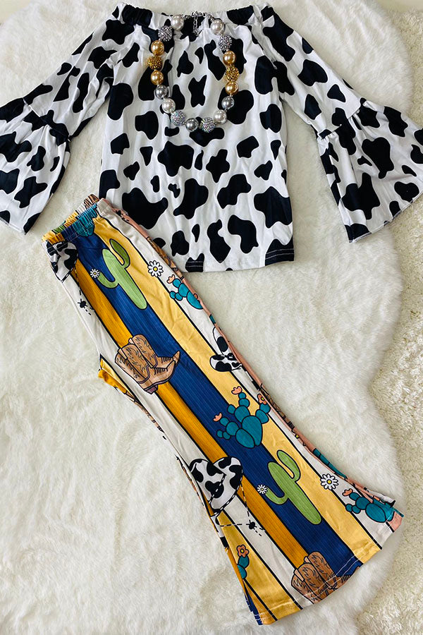 Western cow top w/stripped sunflowers, boots cactus pant girls boutique set LC0020