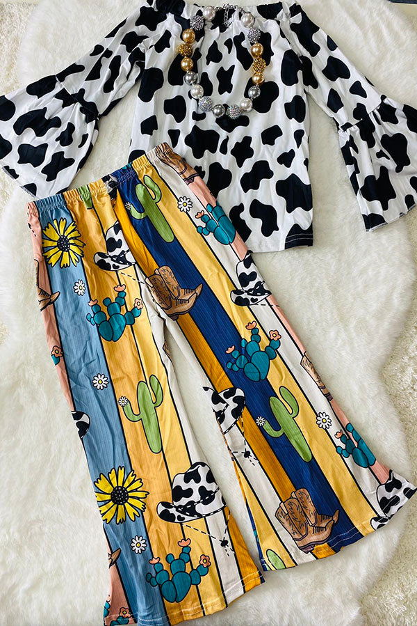 Western cow top w/stripped sunflowers, boots cactus pant girls boutique set LC0020