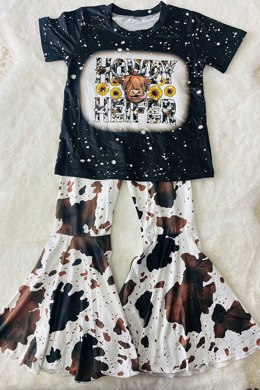 DLH2636 HOWDY HEIFER black short sleeve top cow bell bottom girls outfit sets