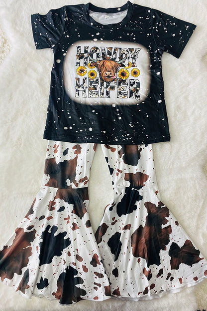 Western cowgirl black short sleeve top cow bell bottom 2pc girls boutique sets DLH2636