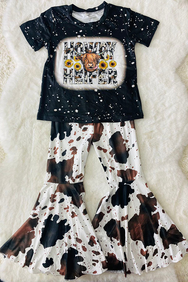 Western cowgirl black short sleeve top cow bell bottom 2pc girls boutique sets DLH2636