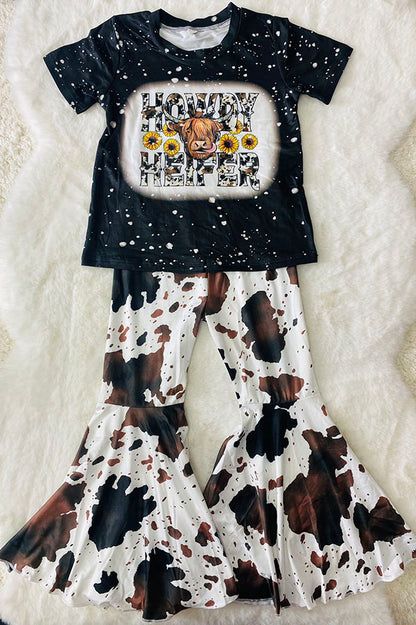 Western cowgirl black short sleeve top cow bell bottom 2pc girls boutique sets DLH2636