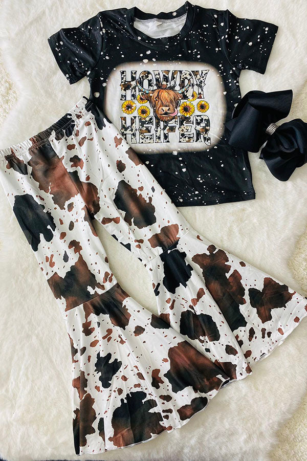 Western cowgirl black short sleeve top cow bell bottom 2pc girls boutique sets DLH2636