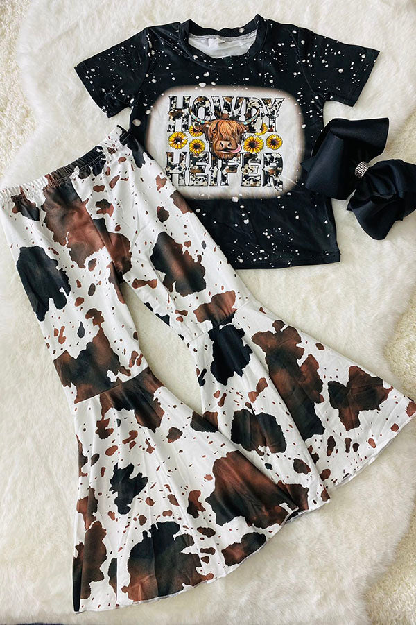 Western cowgirl black short sleeve top cow bell bottom 2pc girls boutique sets DLH2636