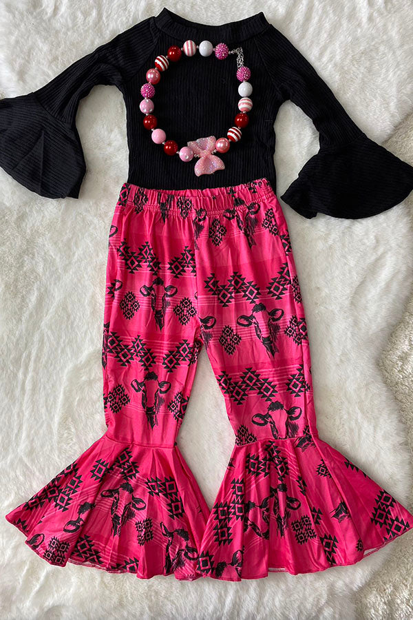 Western black top bull & aztec printed bell bottom girls boutique set DLH2557