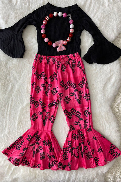 Western black top bull & aztec printed bell bottom girls boutique set DLH2557